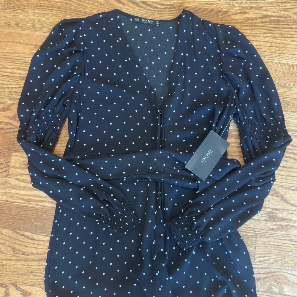 Zara Black Polka Dot Tunic Blouse with Tie Waist. NWT
